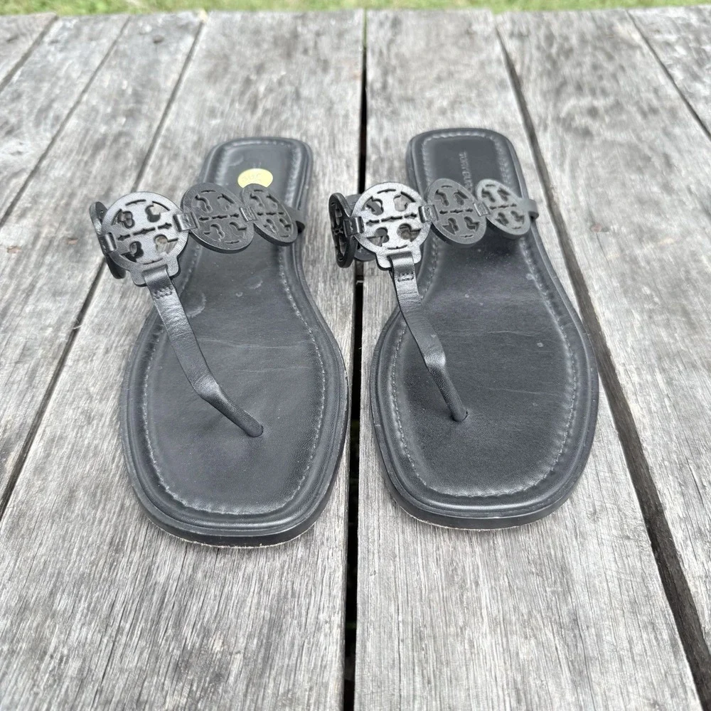 Tory Burch Tiny Mini Miller Sandals Thong Leather Flats Size 10 Black EUC